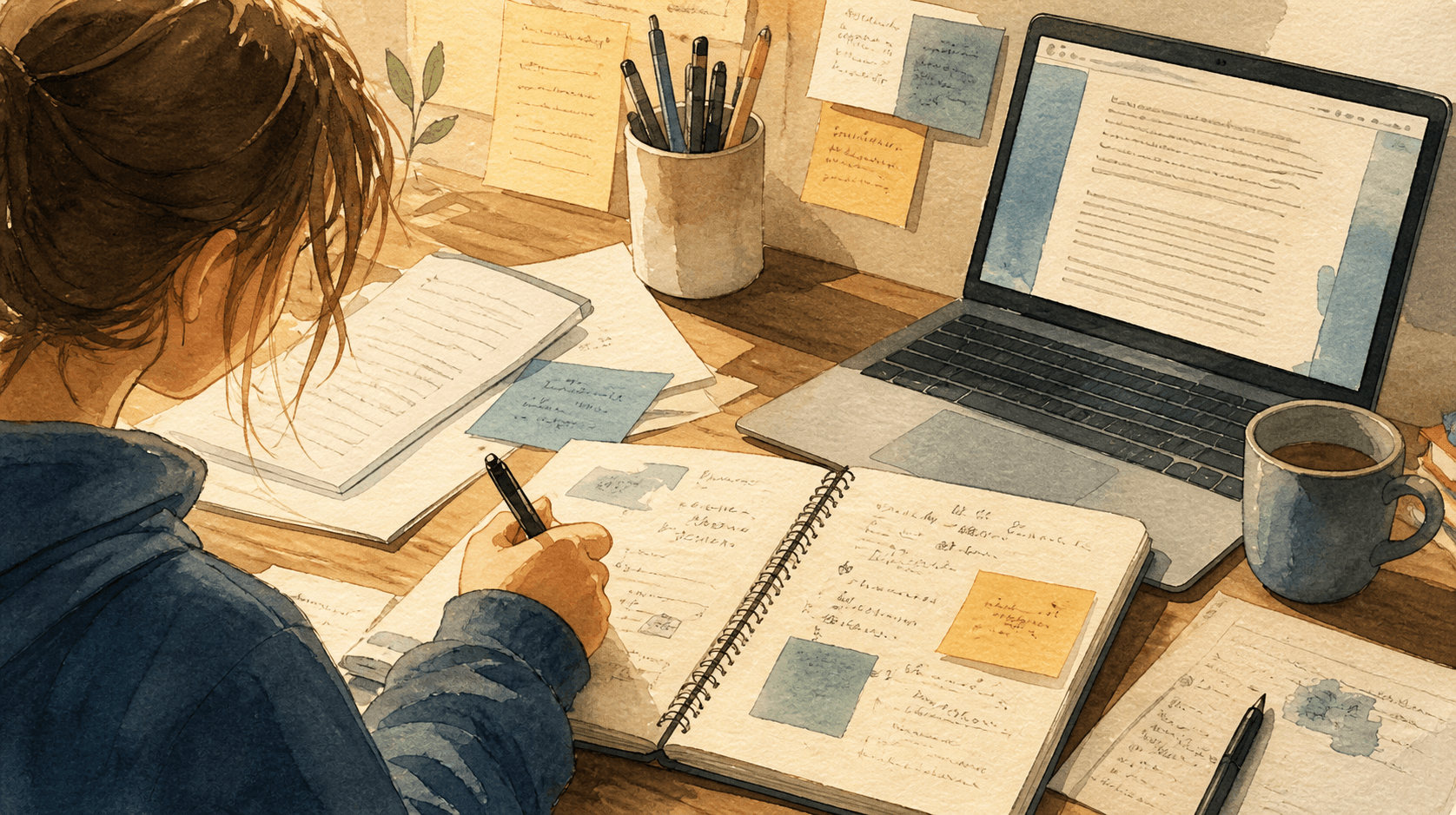 學生在筆電旁書寫筆記的學習場景