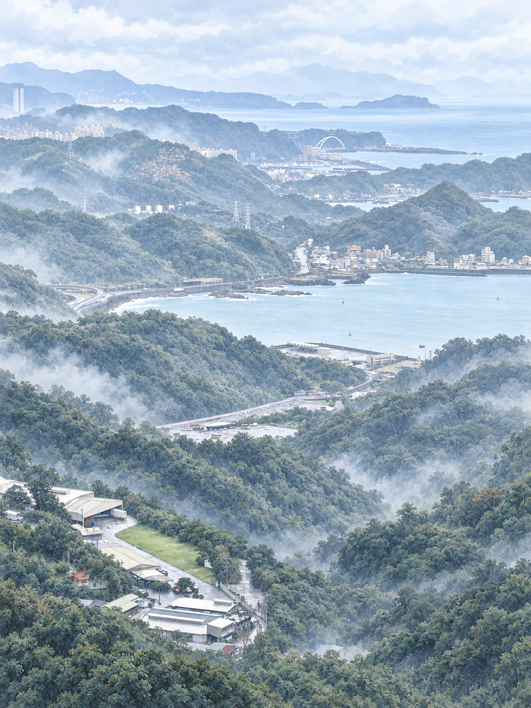 A coastal bay with mist, and birds over the water
