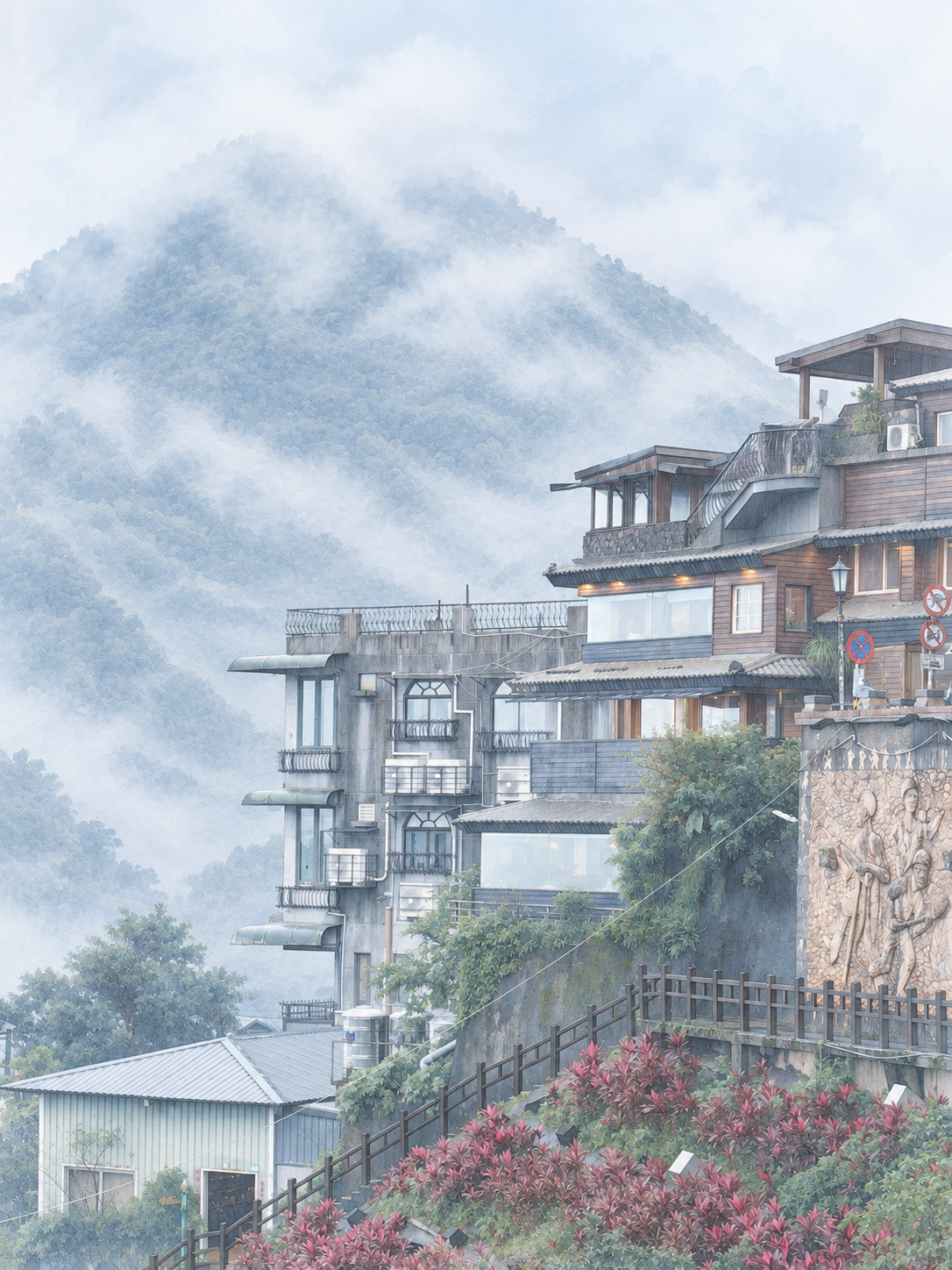 A hillside town in the mist