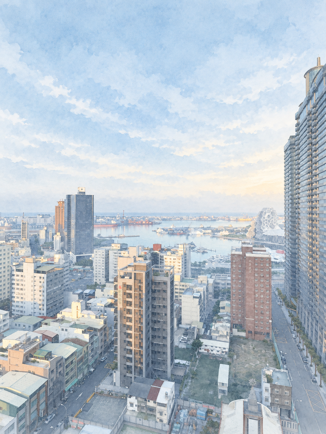 Kaohsiung rooftops opening onto the harbor