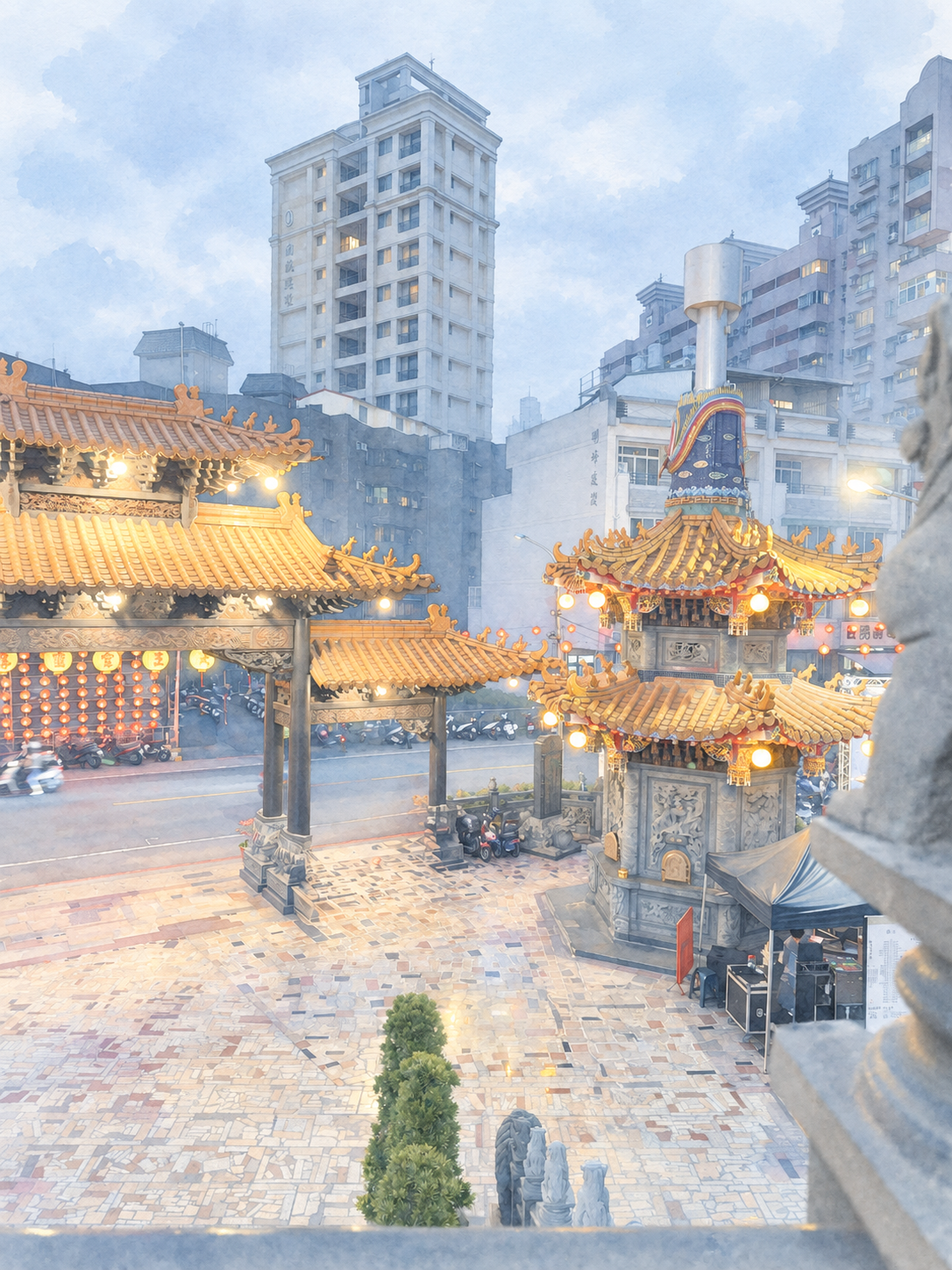 A temple plaza at dusk, lanterns lit