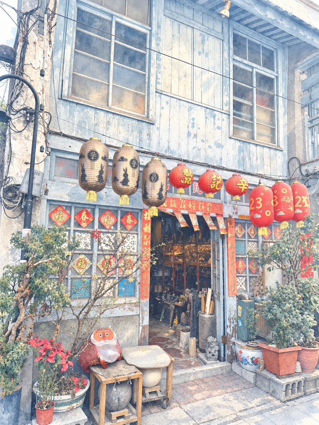 A shopfront hung with lanterns