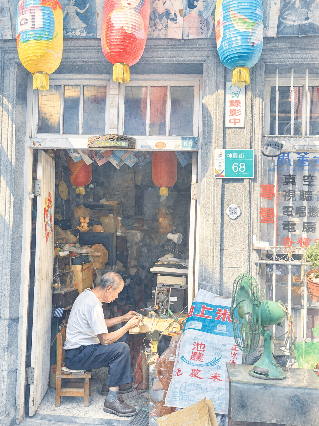 A repairman working at his bench on Shennong Street, Tainan