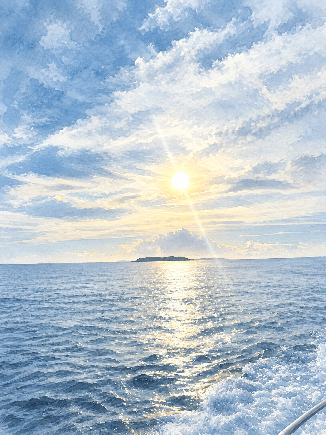 The open sea toward the horizon, with the sun above
