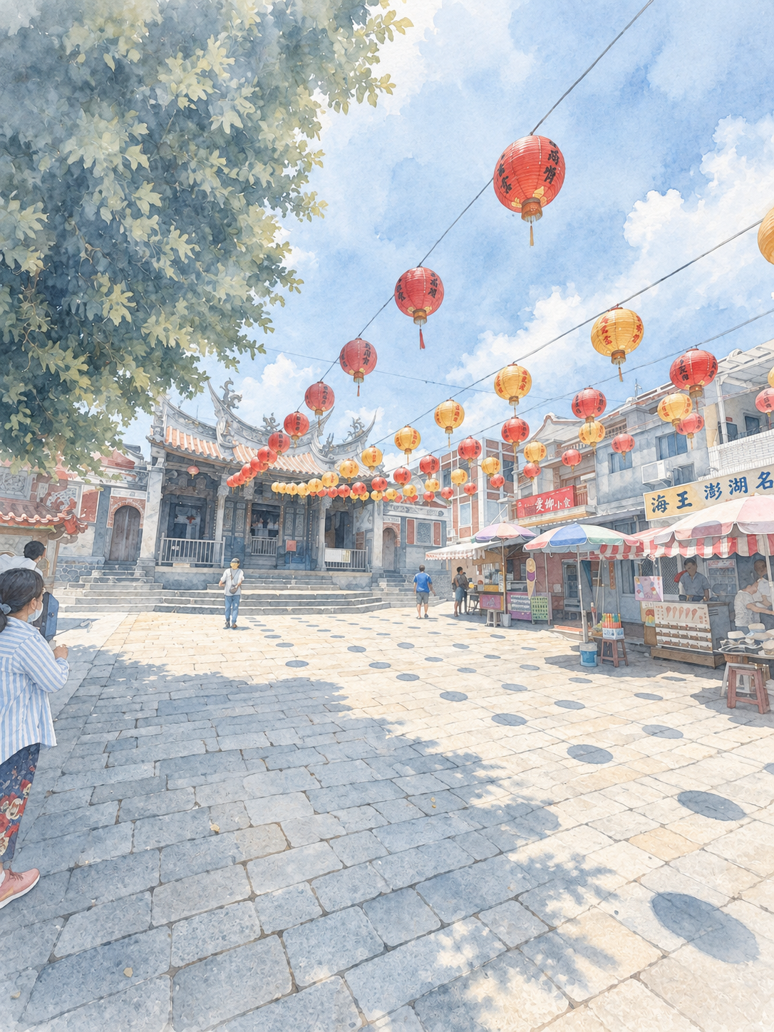A temple square hung with lanterns, Penghu