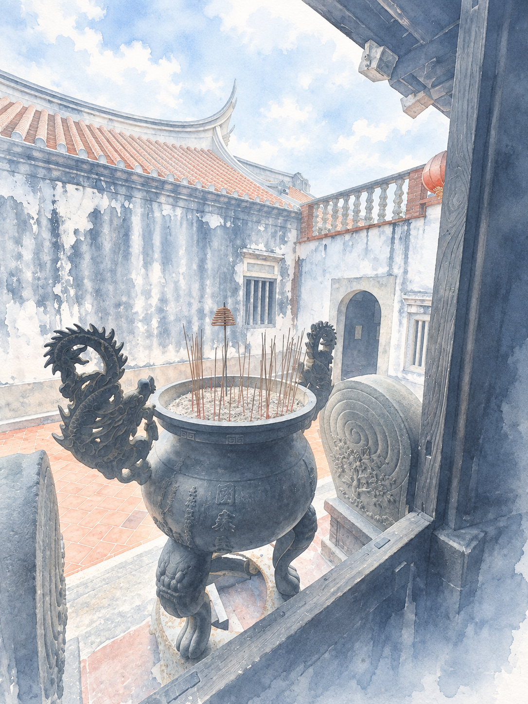 A temple courtyard with a bronze incense burner