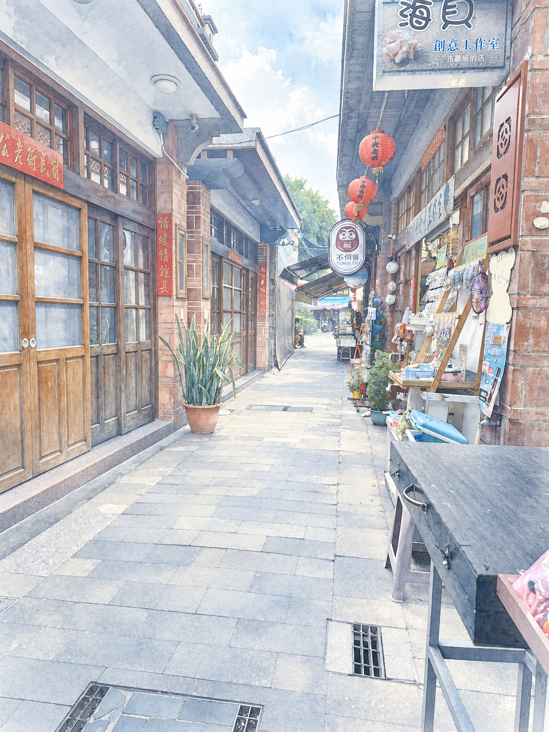 An old street with shopfronts, leading on
