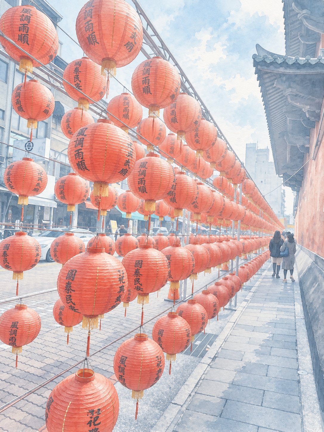 A corridor hung with red lanterns