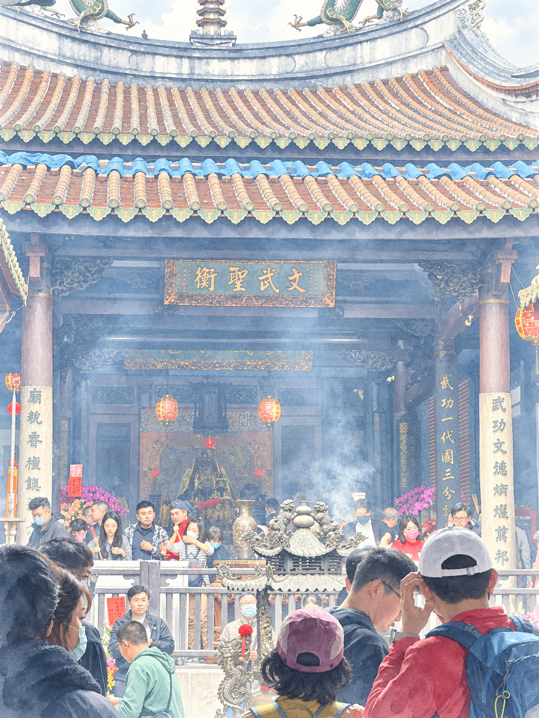 Visitors gathered at a temple, with incense rising