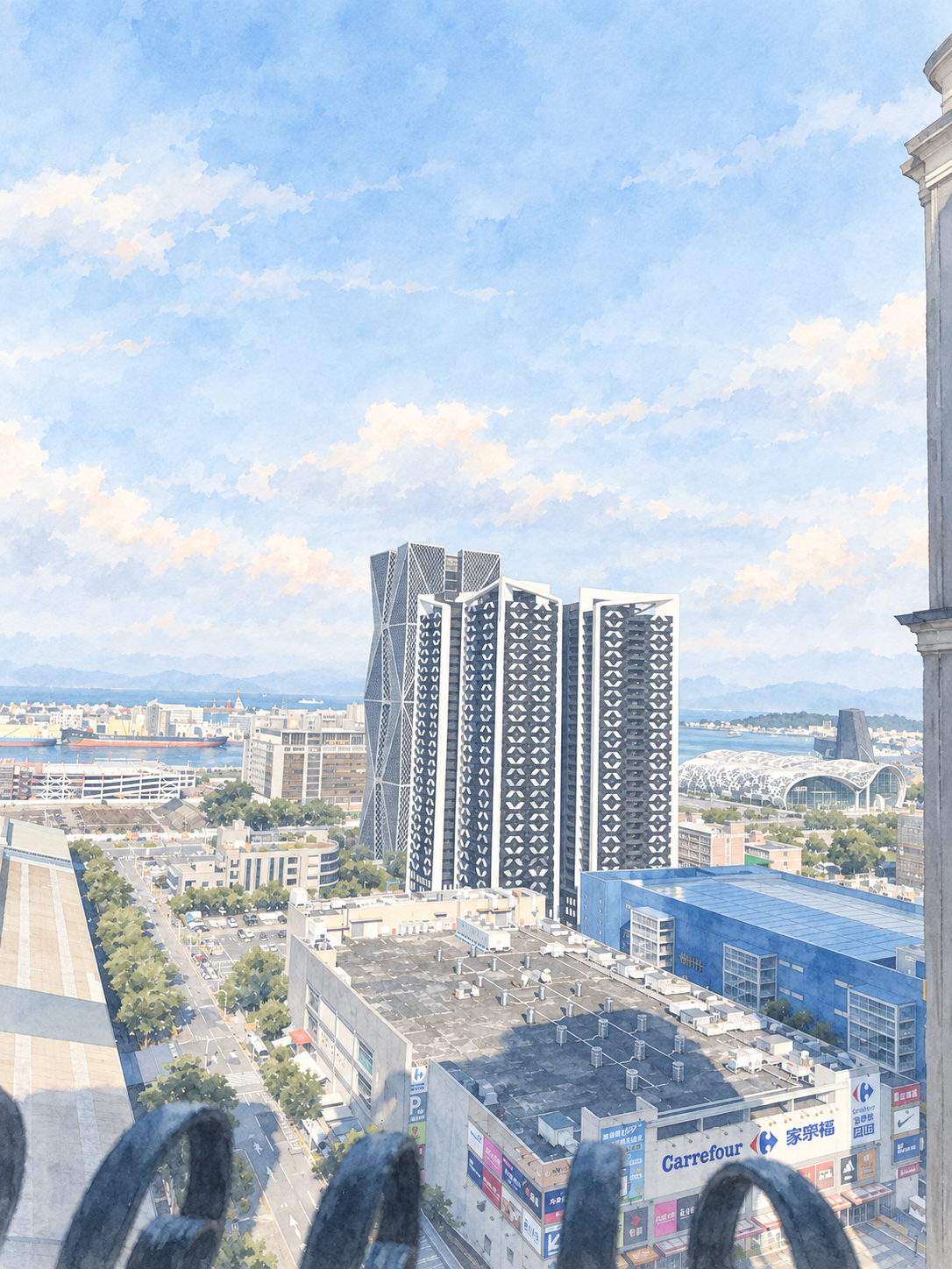 Kaohsiung’s Exhibition Center and harbor laid out below