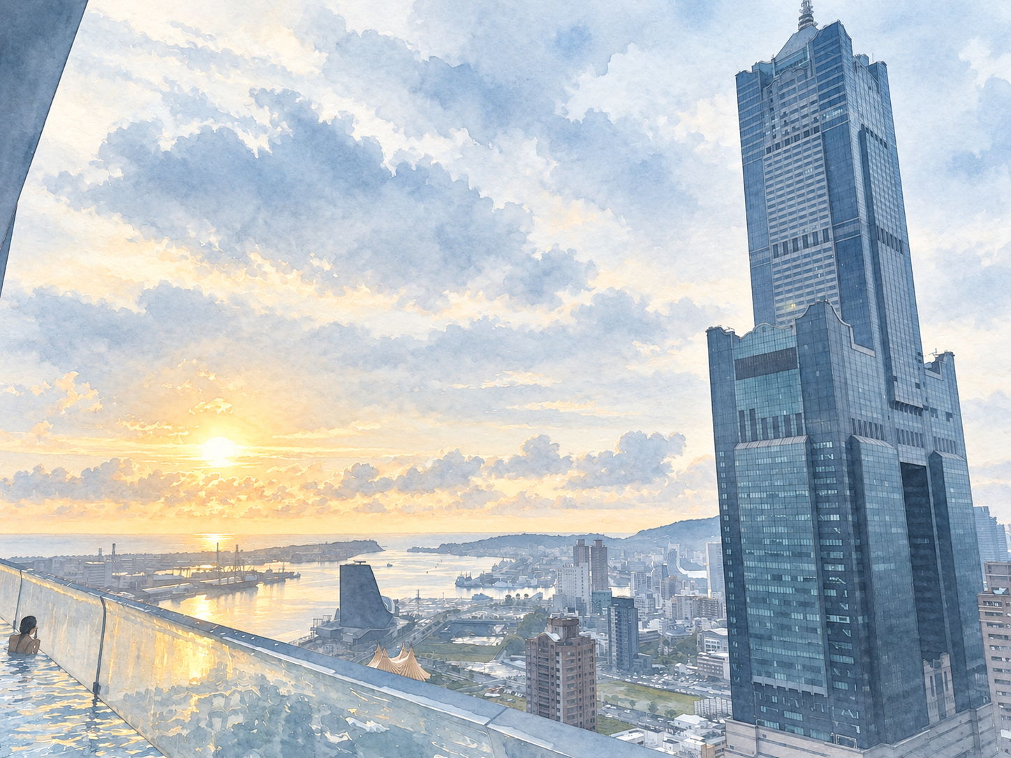 Kaohsiung harbor at sunset, seen from the top of the 85 Sky Tower
