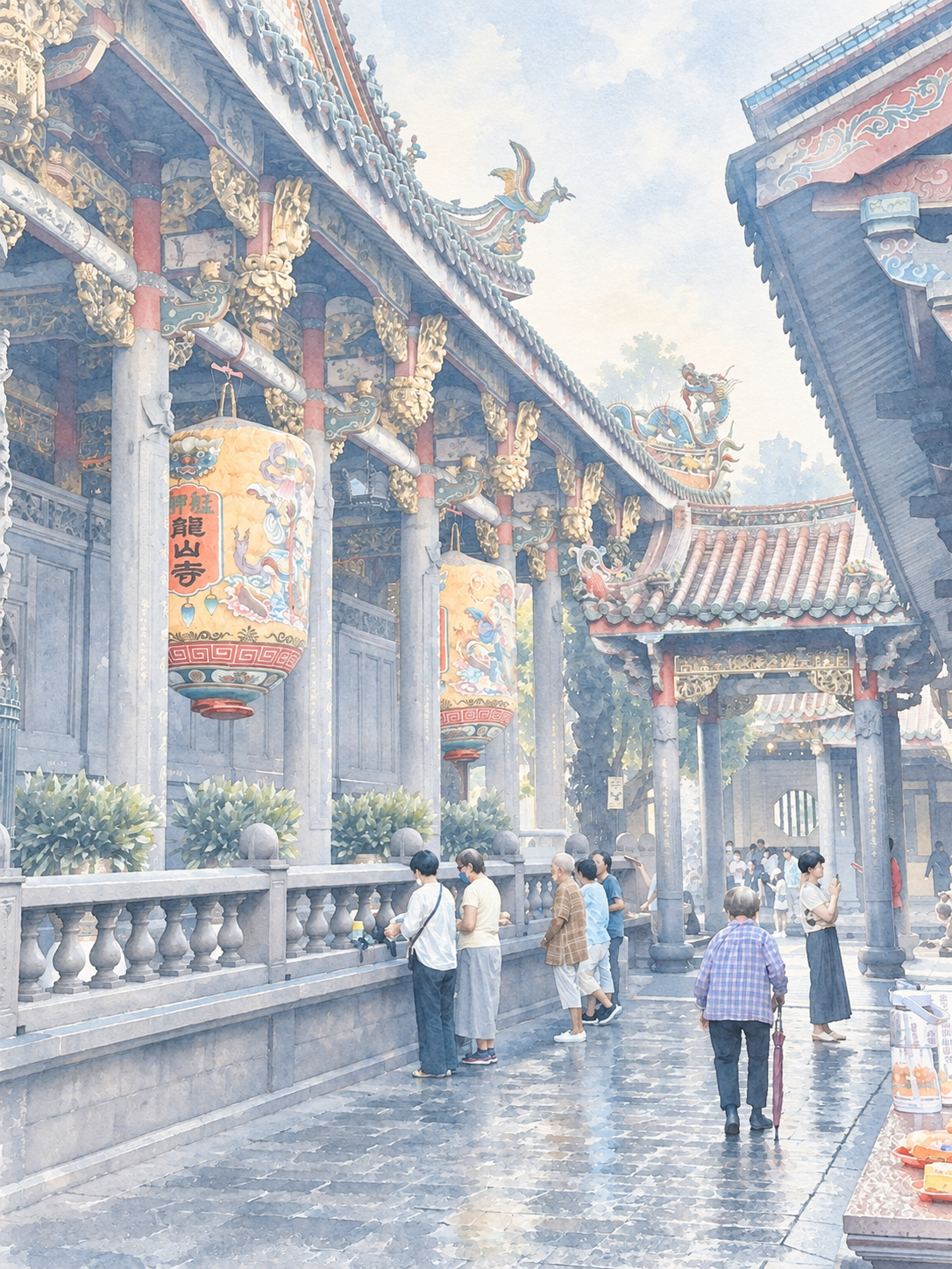 Visitors in the corridor of Longshan Temple