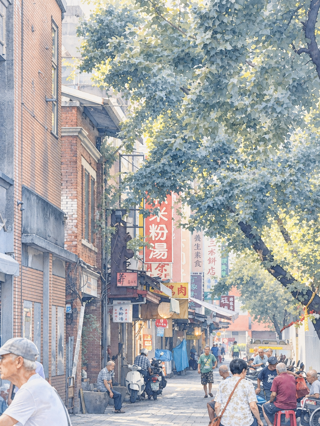 A tree-lined street with shop signs