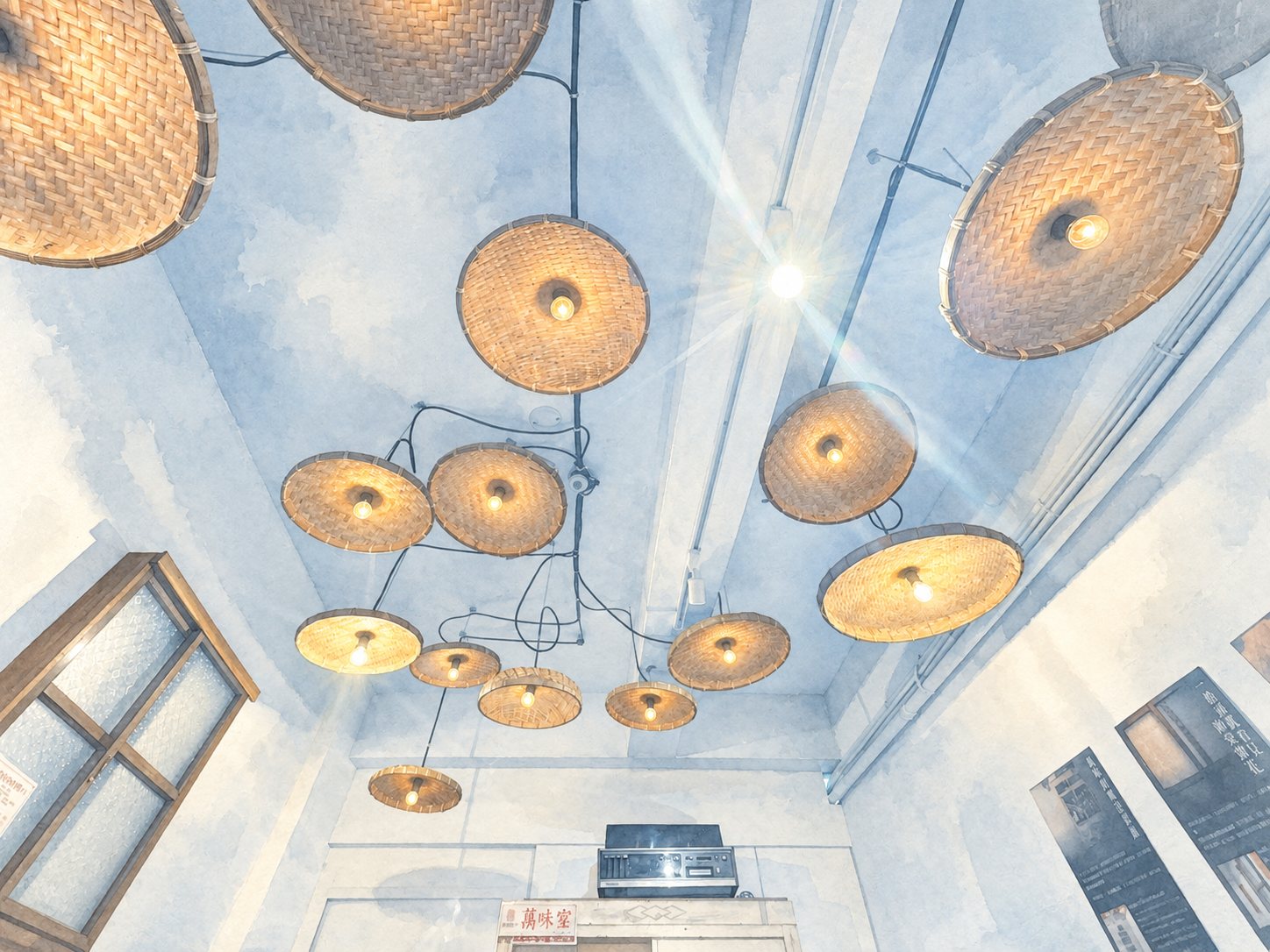 Bamboo basket lamps hanging from a ceiling